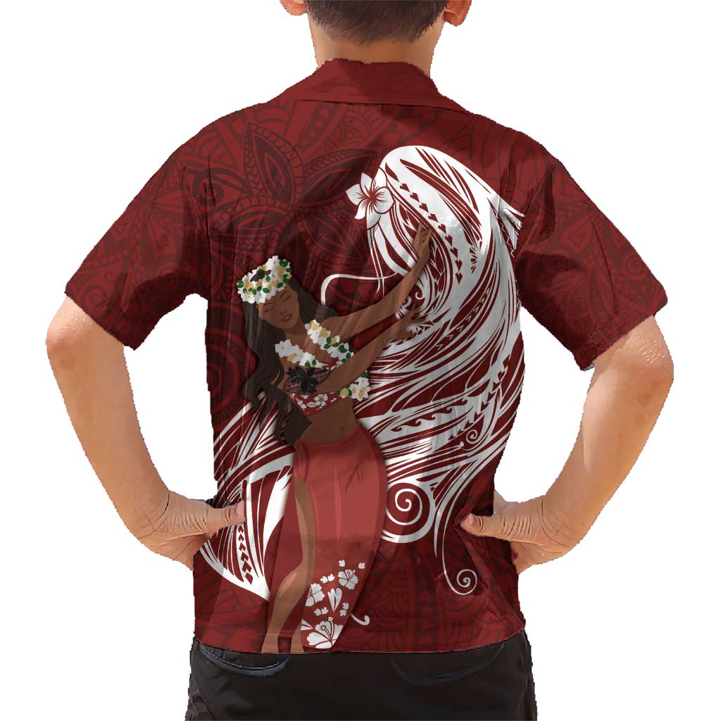 Tahiti Islands Polynesian Plumeria Kid Hawaiian Shirt Tahitian Vahine 'Ote'a - Scarlet