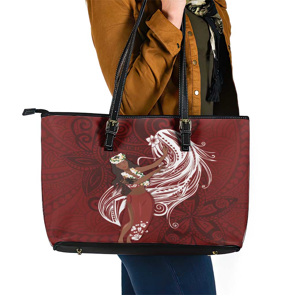 Tahiti Islands Polynesian Plumeria Leather Tote Bag Tahitian Vahine 'Ote'a - Scarlet LT7 - Polynesian Pride