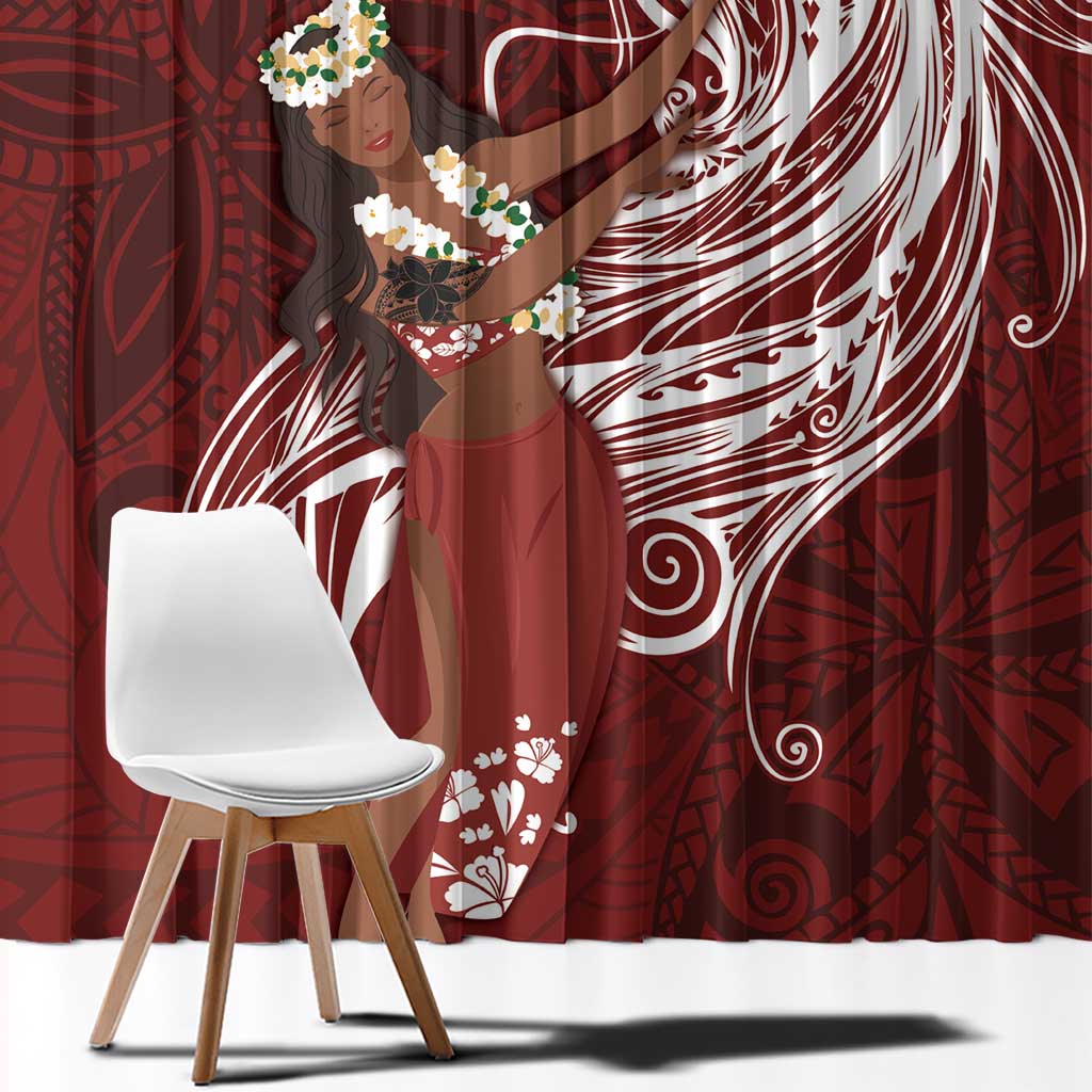 Tahiti Islands Polynesian Plumeria Window Curtain Tahitian Vahine 'Ote'a - Scarlet