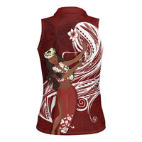 Tahiti Islands Polynesian Plumeria Women Sleeveless Polo Shirt Tahitian Vahine 'Ote'a - Scarlet LT7 - Polynesian Pride