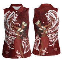 Tahiti Islands Polynesian Plumeria Women Sleeveless Polo Shirt Tahitian Vahine 'Ote'a - Scarlet LT7 - Polynesian Pride