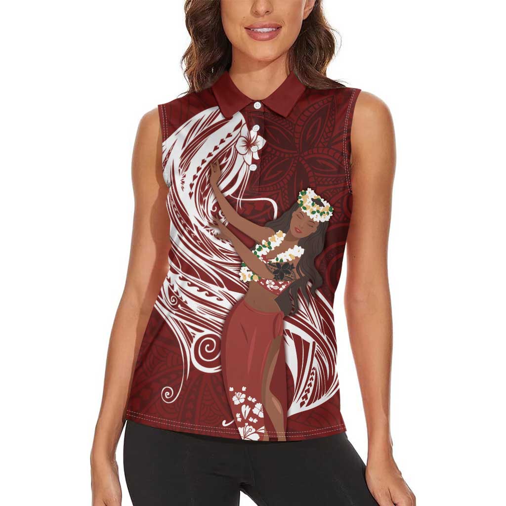 Tahiti Islands Polynesian Plumeria Women Sleeveless Polo Shirt Tahitian Vahine 'Ote'a - Scarlet LT7 - Polynesian Pride
