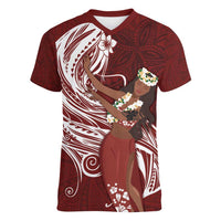 Tahiti Islands Polynesian Plumeria Women V-Neck T-Shirt Tahitian Vahine 'Ote'a - Scarlet LT7 Female Red - Polynesian Pride