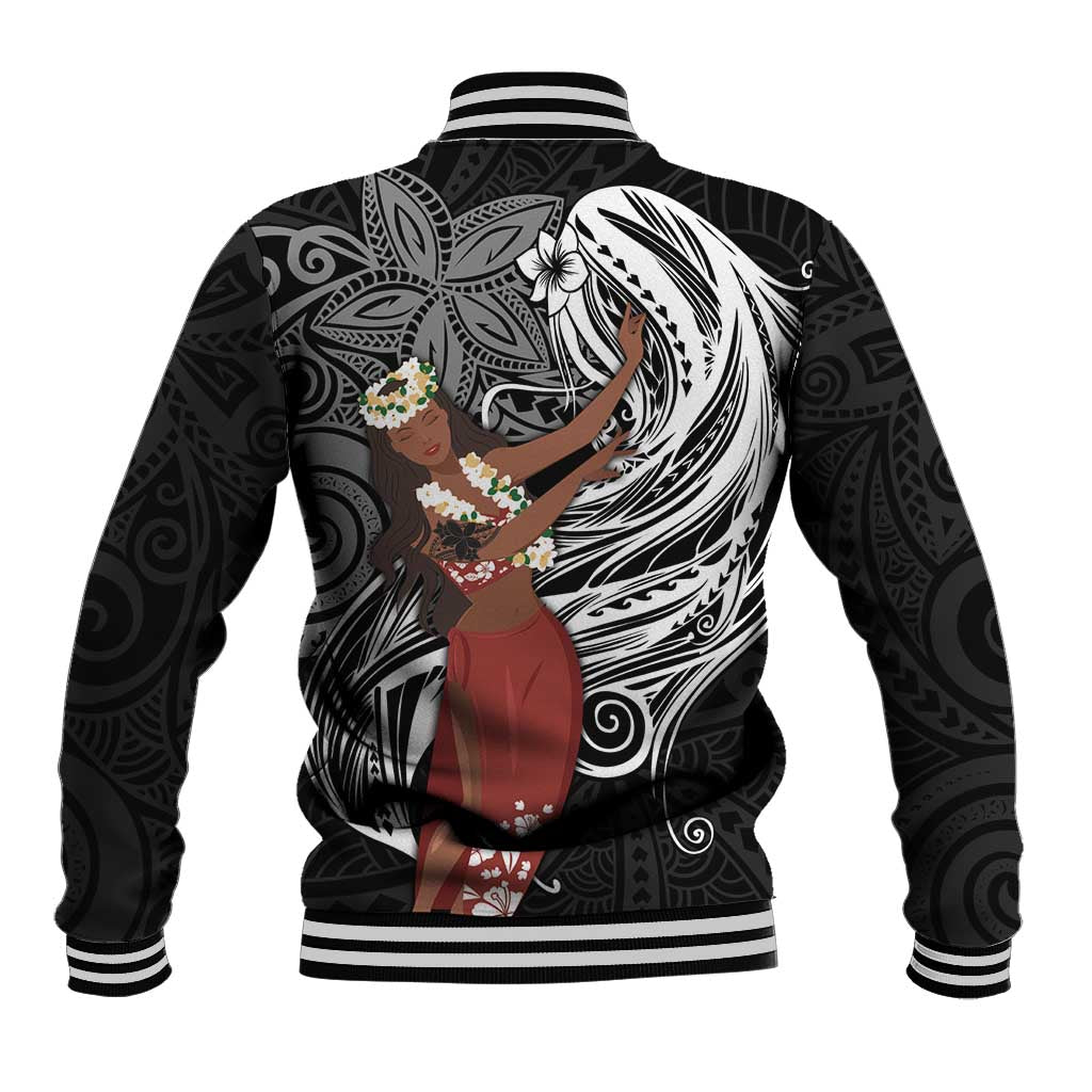 Tahiti Islands Polynesian Plumeria Baseball Jacket Tahitian Vahine 'Ote'a - Black