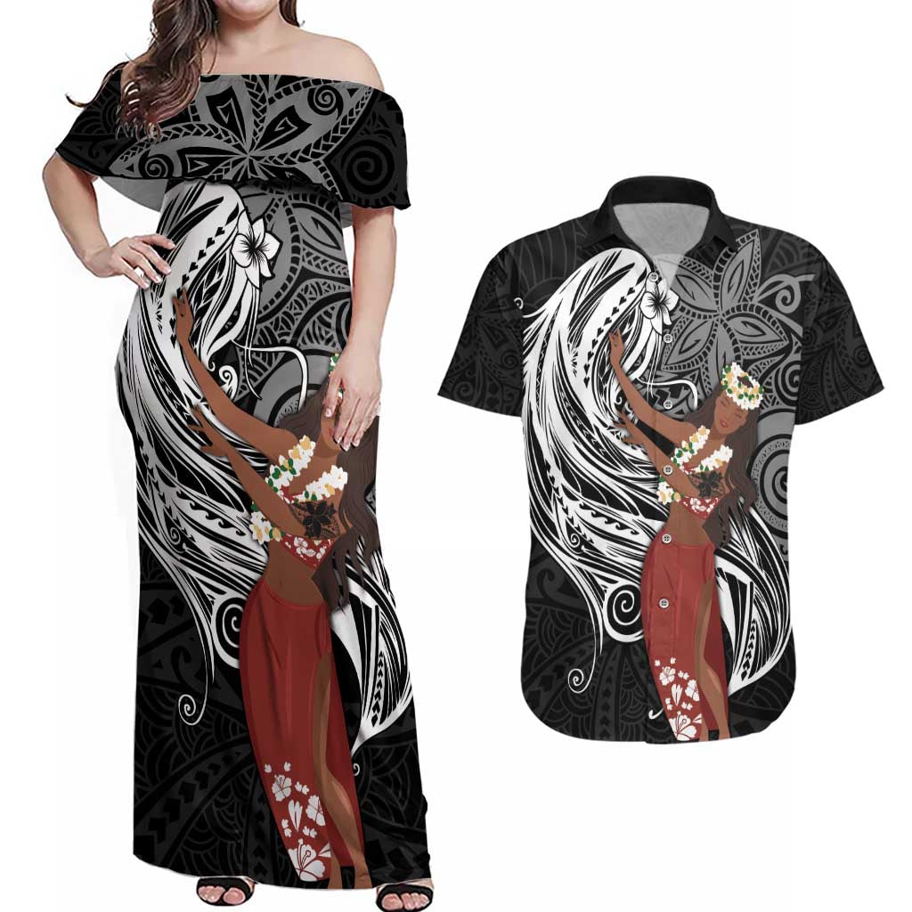 Tahiti Islands Polynesian Plumeria Couples Matching Off Shoulder Maxi Dress and Hawaiian Shirt Tahitian Vahine 'Ote'a - Black