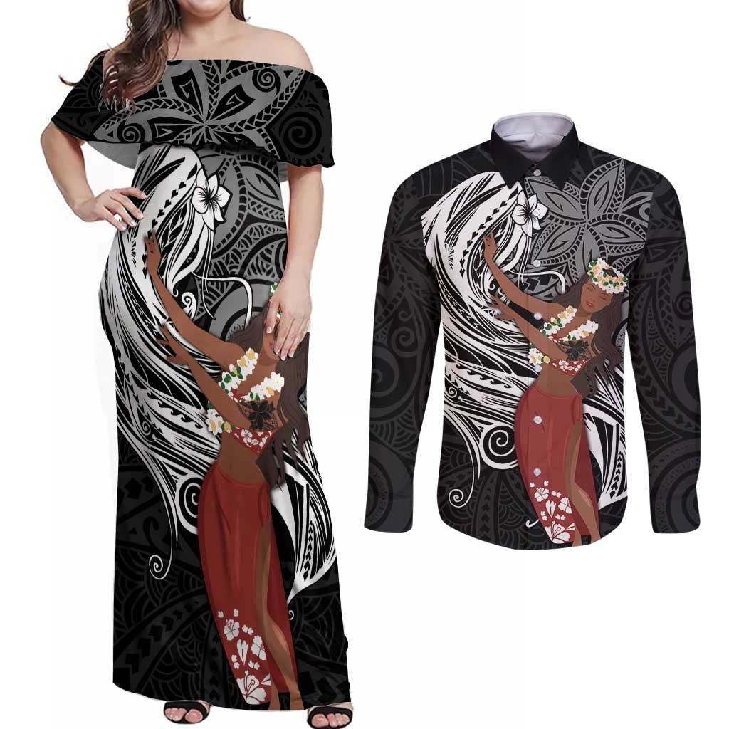 Tahiti Islands Polynesian Plumeria Couples Matching Off Shoulder Maxi Dress and Long Sleeve Button Shirt Tahitian Vahine 'Ote'a - Black LT7 Black - Polynesian Pride