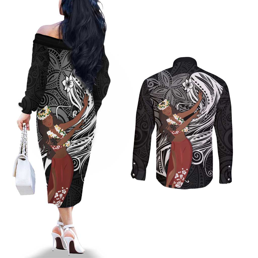 Tahiti Islands Polynesian Plumeria Couples Matching Off The Shoulder Long Sleeve Dress and Long Sleeve Button Shirt Tahitian Vahine 'Ote'a - Black LT7 - Polynesian Pride