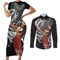Tahiti Islands Polynesian Plumeria Couples Matching Short Sleeve Bodycon Dress and Long Sleeve Button Shirt Tahitian Vahine 'Ote'a - Black LT7 Black - Polynesian Pride