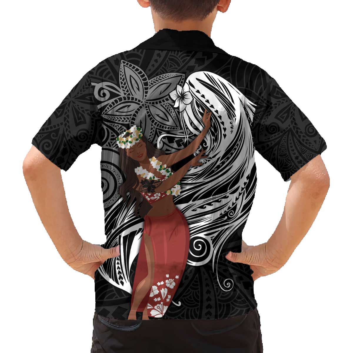 Tahiti Islands Polynesian Plumeria Family Matching Off The Shoulder Long Sleeve Dress and Hawaiian Shirt Tahitian Vahine 'Ote'a - Black