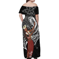 Tahiti Islands Polynesian Plumeria Family Matching Off Shoulder Maxi Dress and Hawaiian Shirt Tahitian Vahine 'Ote'a - Black