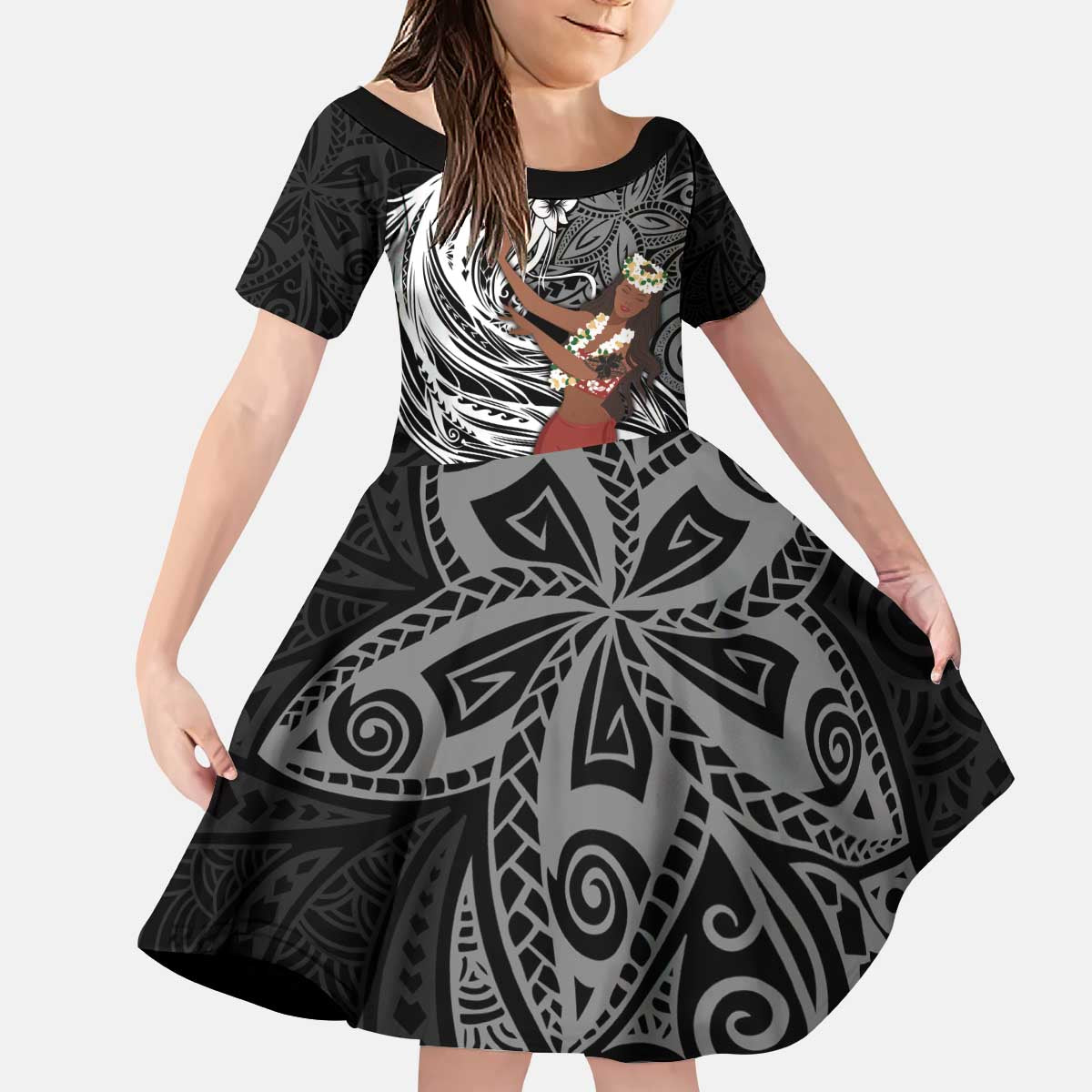 Tahiti Islands Polynesian Plumeria Kid Short Sleeve Dress Tahitian Vahine 'Ote'a - Black LT7 KID Black - Polynesian Pride
