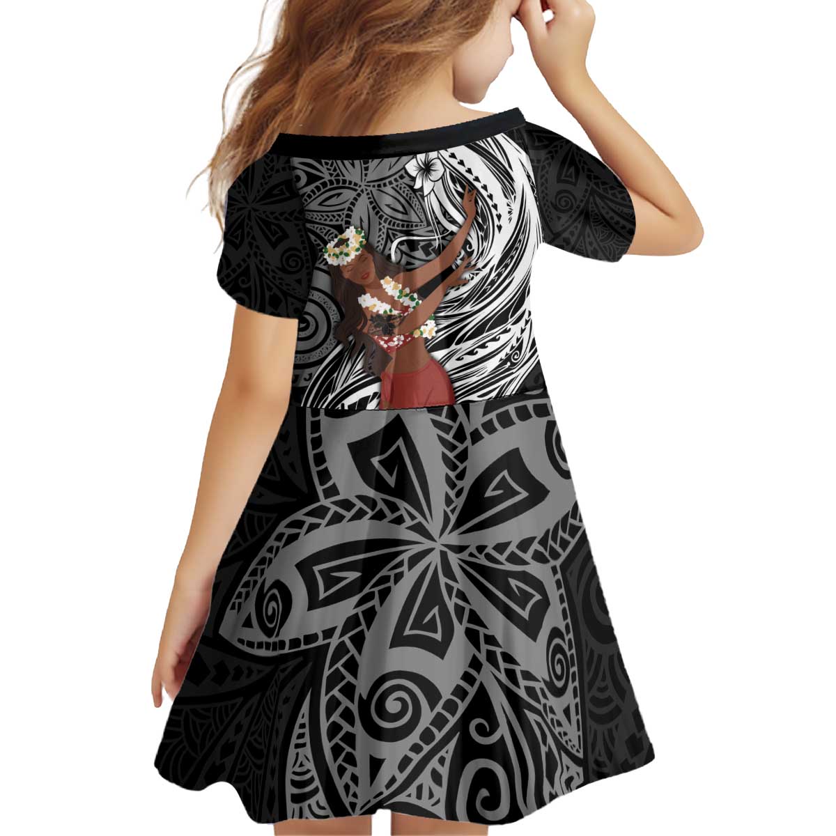 Tahiti Islands Polynesian Plumeria Kid Short Sleeve Dress Tahitian Vahine 'Ote'a - Black LT7 - Polynesian Pride