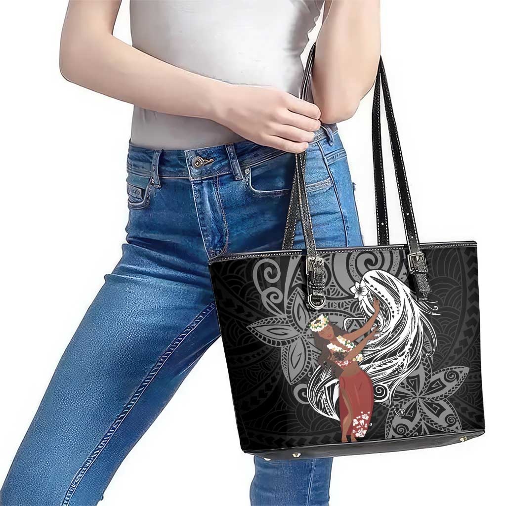 Tahiti Islands Polynesian Plumeria Leather Tote Bag Tahitian Vahine 'Ote'a - Black LT7 - Polynesian Pride