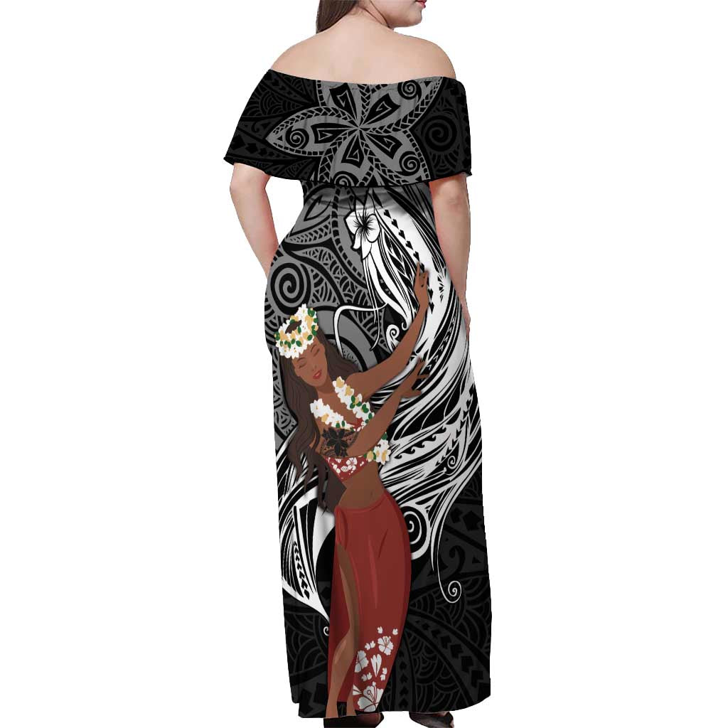 Tahiti Islands Polynesian Plumeria Off Shoulder Maxi Dress Tahitian Vahine 'Ote'a - Black LT7 - Polynesian Pride