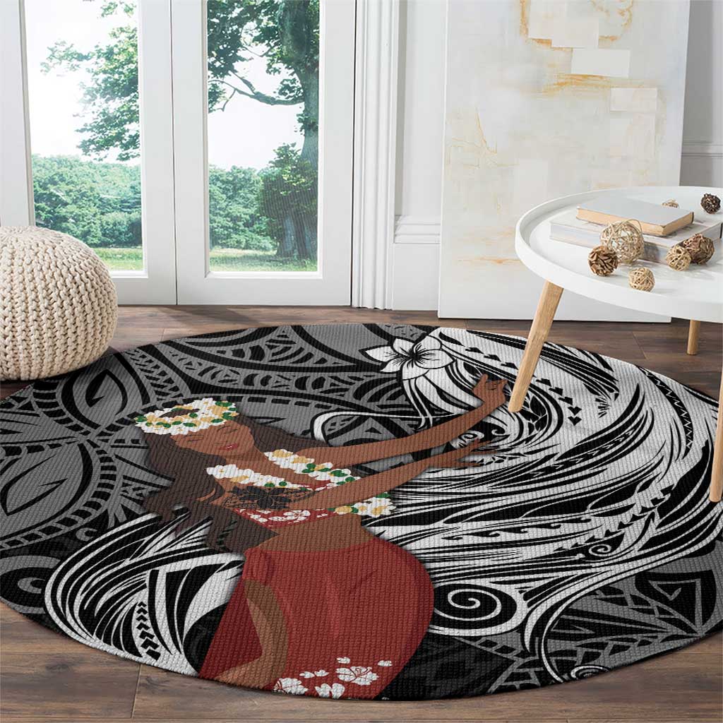 Tahiti Islands Polynesian Plumeria Round Carpet Tahitian Vahine 'Ote'a - Black