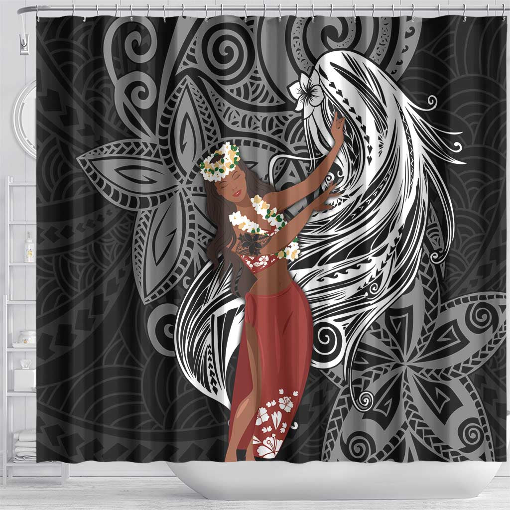 Tahiti Islands Polynesian Plumeria Shower Curtain Tahitian Vahine 'Ote'a - Black LT7 - Polynesian Pride