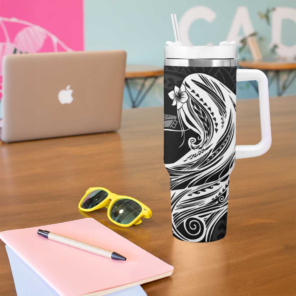 Tahiti Islands Polynesian Plumeria Tumbler With Handle Tahitian Vahine 'Ote'a - Black