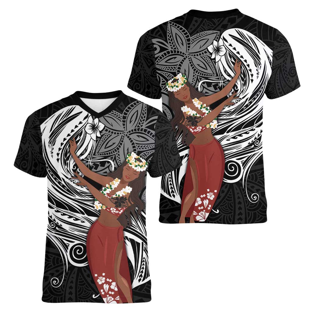 Tahiti Islands Polynesian Plumeria Women V-Neck T-Shirt Tahitian Vahine 'Ote'a - Black
