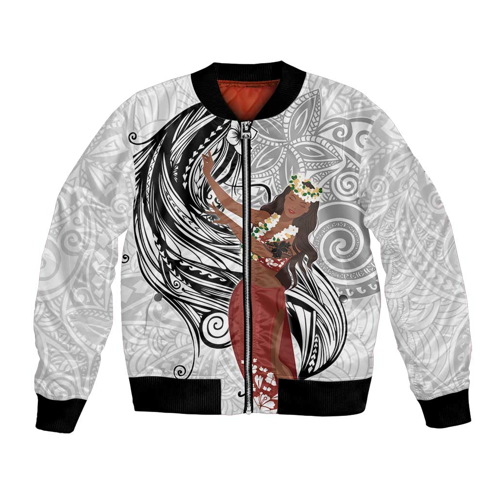 Tahiti Islands Polynesian Plumeria Bomber Jacket Tahitian Vahine 'Ote'a - White