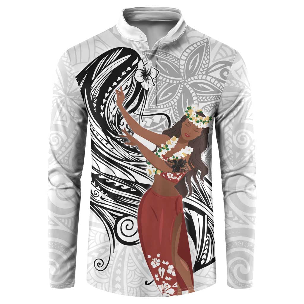 Tahiti Islands Polynesian Plumeria Button Sweatshirt Tahitian Vahine 'Ote'a - White LT7 White - Polynesian Pride