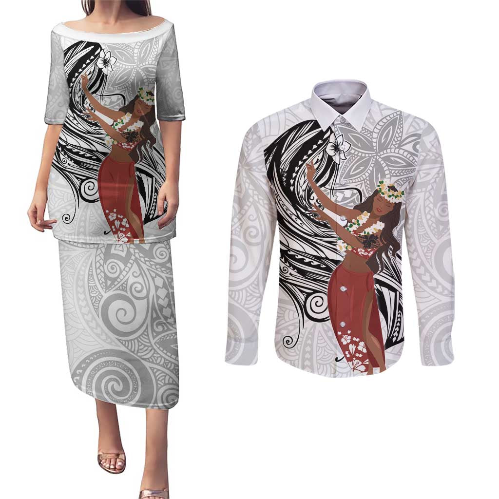 Tahiti Islands Polynesian Plumeria Couples Matching Puletasi and Long Sleeve Button Shirt Tahitian Vahine 'Ote'a - White LT7 White - Polynesian Pride