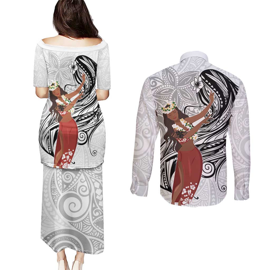 Tahiti Islands Polynesian Plumeria Couples Matching Puletasi and Long Sleeve Button Shirt Tahitian Vahine 'Ote'a - White LT7 - Polynesian Pride