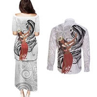 Tahiti Islands Polynesian Plumeria Couples Matching Puletasi and Long Sleeve Button Shirt Tahitian Vahine 'Ote'a - White LT7 - Polynesian Pride