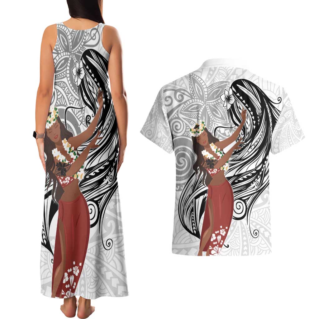 Tahiti Islands Polynesian Plumeria Couples Matching Tank Maxi Dress and Hawaiian Shirt Tahitian Vahine 'Ote'a - White