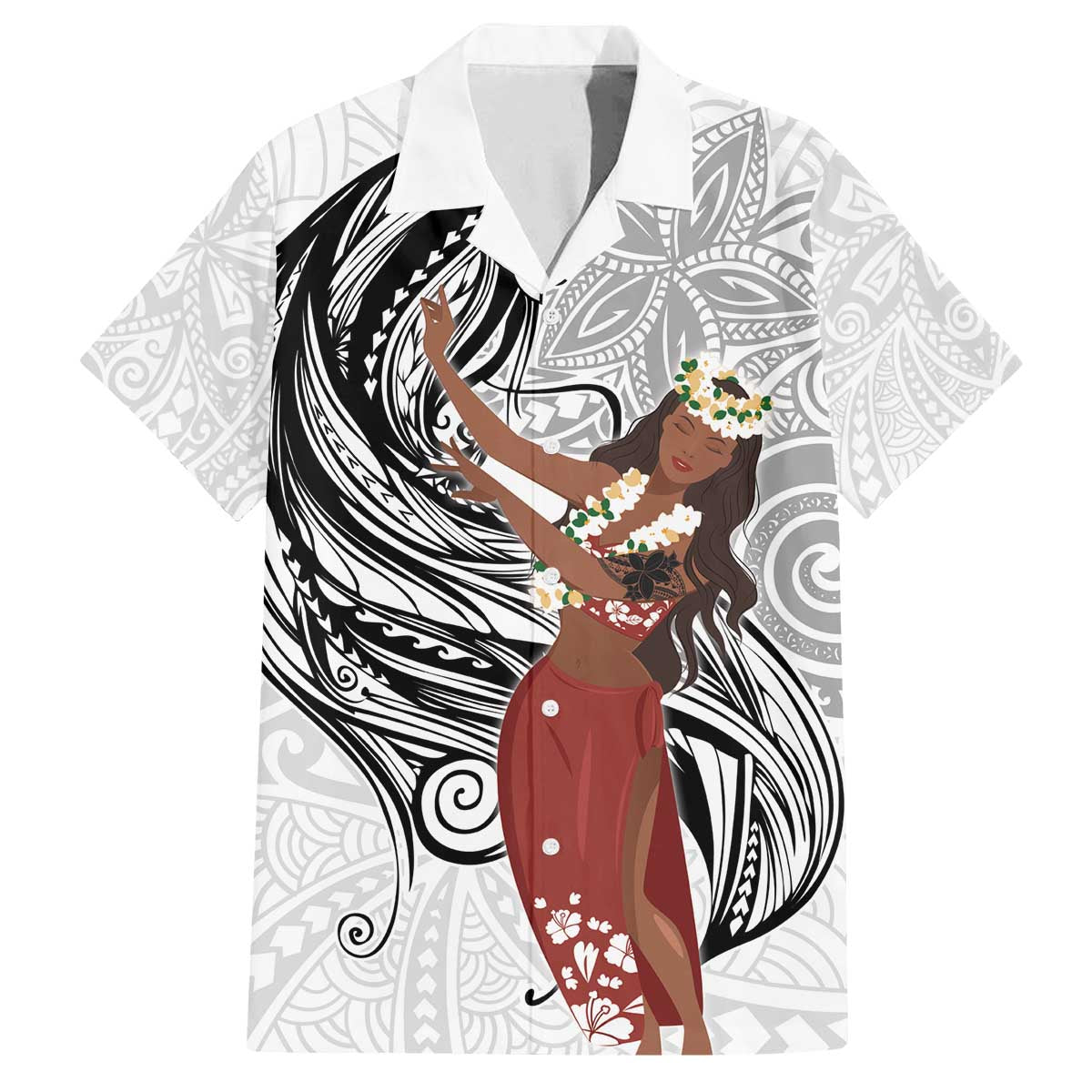 Tahiti Islands Polynesian Plumeria Family Matching Off The Shoulder Long Sleeve Dress and Hawaiian Shirt Tahitian Vahine 'Ote'a - White