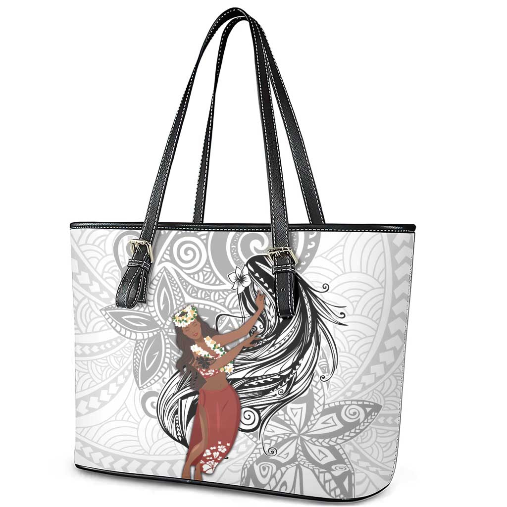 Tahiti Islands Polynesian Plumeria Leather Tote Bag Tahitian Vahine 'Ote'a - White LT7 - Polynesian Pride