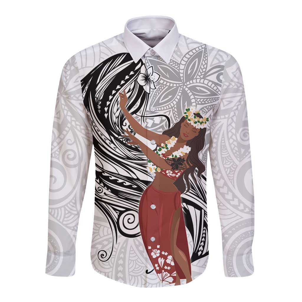 Tahiti Islands Polynesian Plumeria Long Sleeve Button Shirt Tahitian Vahine 'Ote'a - White LT7 Unisex White - Polynesian Pride