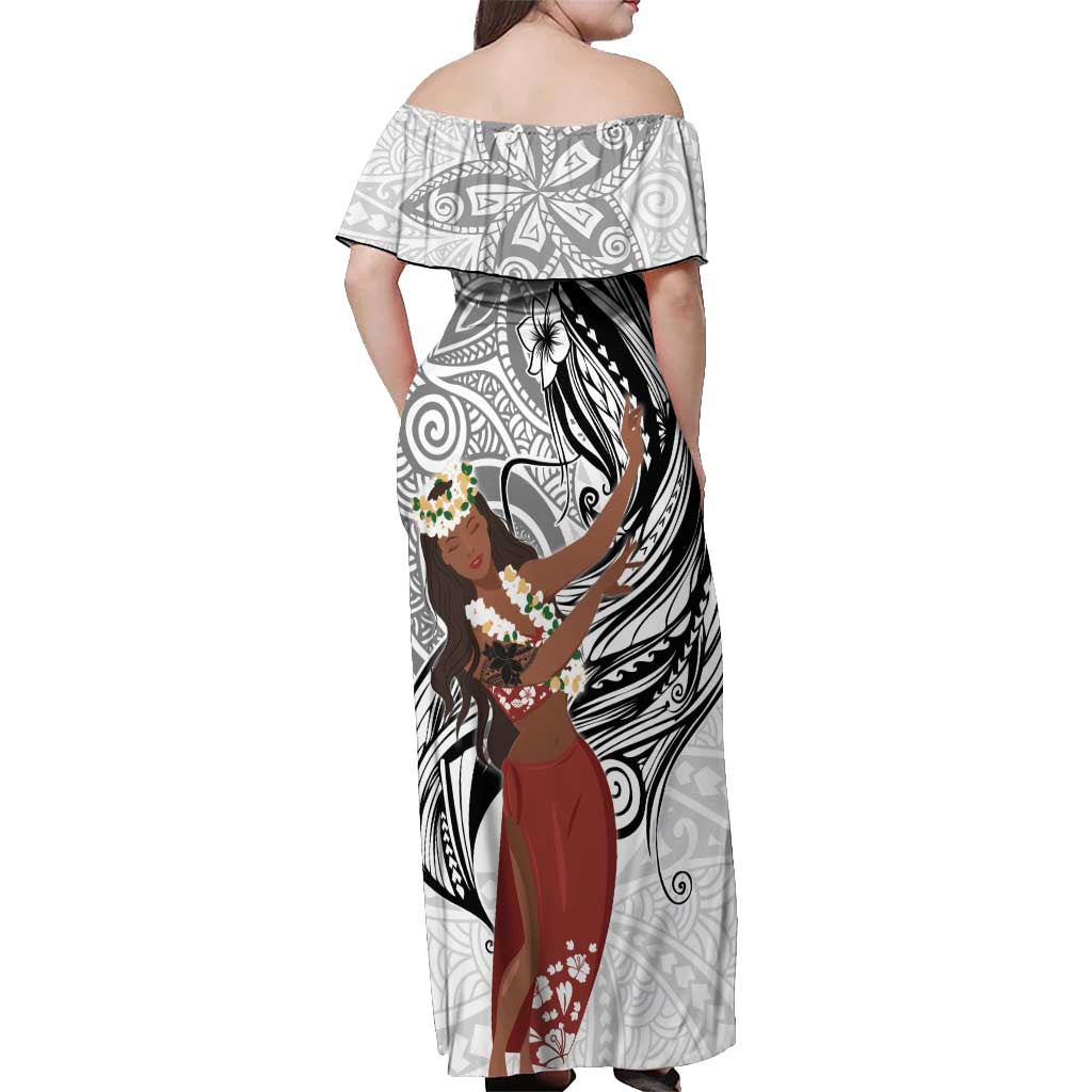 Tahiti Islands Polynesian Plumeria Off Shoulder Maxi Dress Tahitian Vahine 'Ote'a - White LT7 - Polynesian Pride