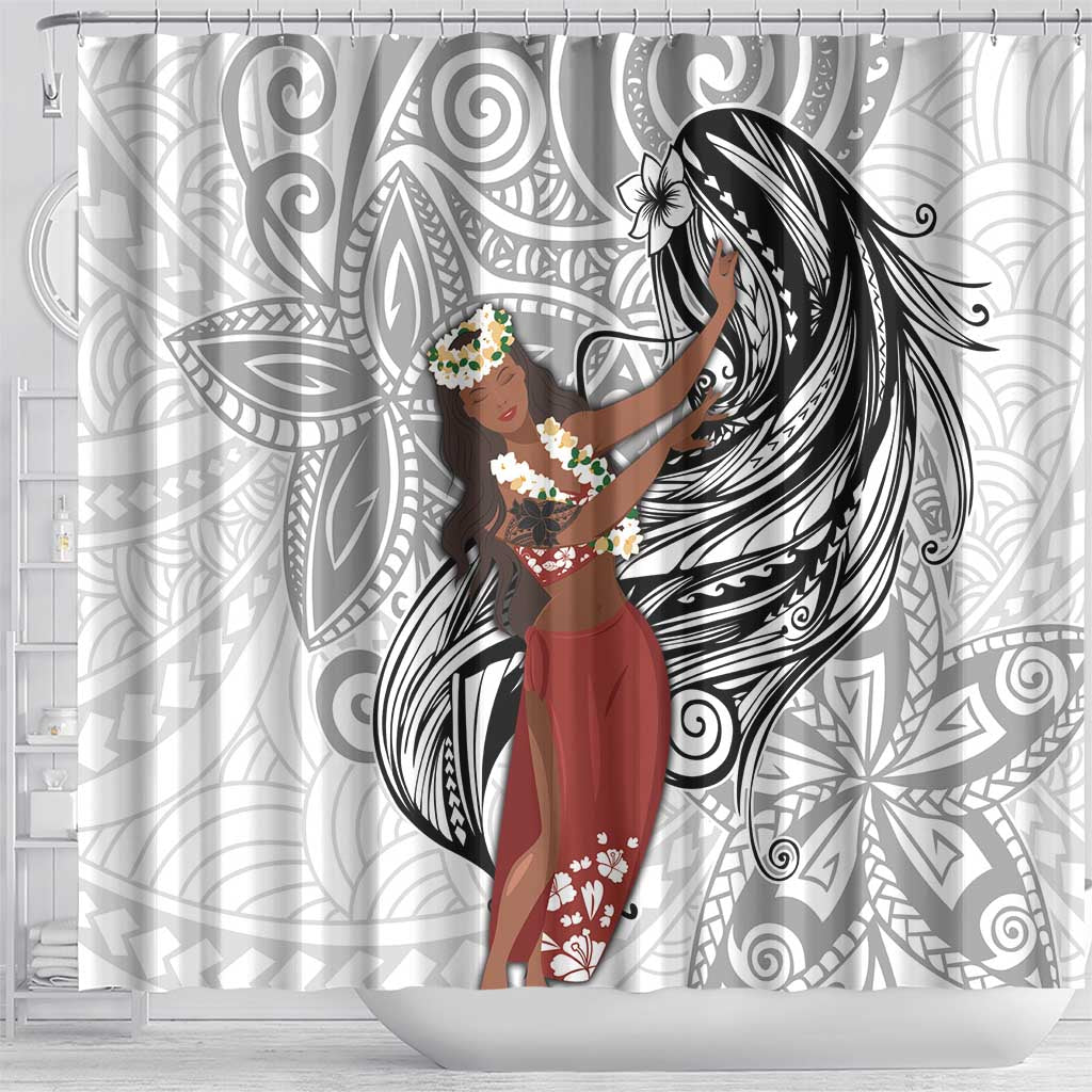 Tahiti Islands Polynesian Plumeria Shower Curtain Tahitian Vahine 'Ote'a - White LT7 - Polynesian Pride