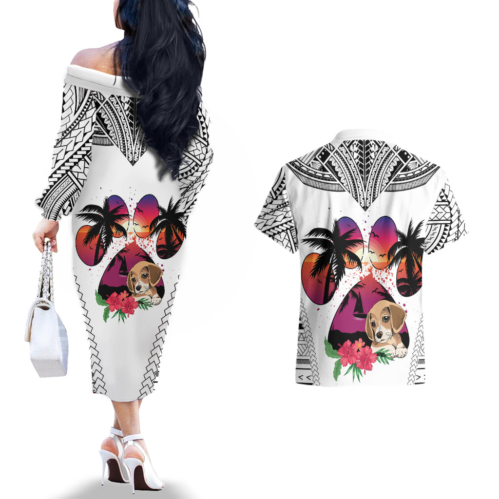 Polynesian Couples Matching Off The Shoulder Long Sleeve Dress and Hawaiian Shirt Dog Lover With Beagle - Sunset At The Beach White Ver LT7 - Polynesian Pride