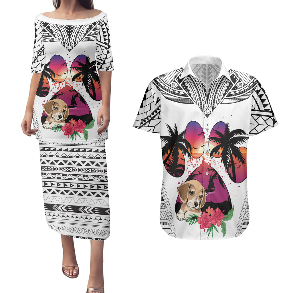 Polynesian Couples Matching Puletasi Dress and Hawaiian Shirt Dog Lover With Beagle - Sunset At The Beach White Ver LT7 White - Polynesian Pride