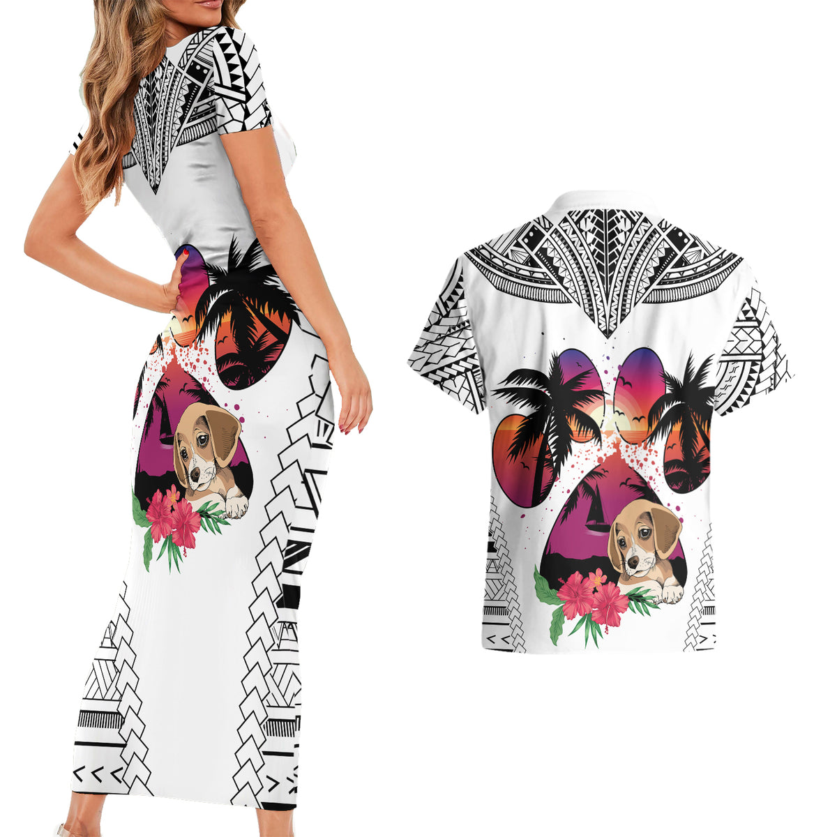 Polynesian Couples Matching Short Sleeve Bodycon Dress and Hawaiian Shirt Dog Lover With Beagle - Sunset At The Beach White Ver LT7 - Polynesian Pride