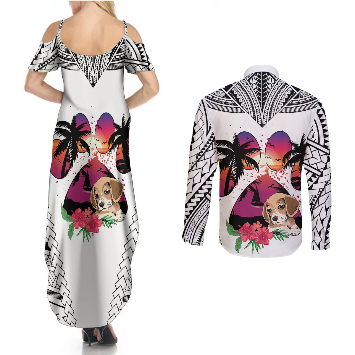 Polynesian Couples Matching Summer Maxi Dress and Long Sleeve Button Shirts Dog Lover With Beagle - Sunset At The Beach White Ver LT7 - Polynesian Pride
