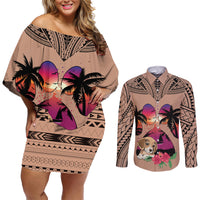 Polynesian Couples Matching Off Shoulder Short Dress and Long Sleeve Button Shirts Dog Lover With Beagle - Sunset At The Beach Brown Ver LT7 Brown - Polynesian Pride