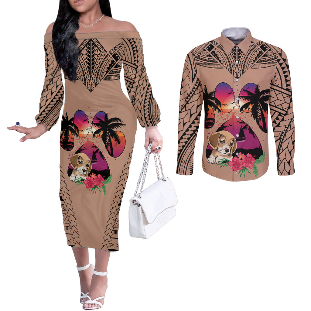 Polynesian Couples Matching Off The Shoulder Long Sleeve Dress and Long Sleeve Button Shirts Dog Lover With Beagle - Sunset At The Beach Brown Ver LT7 Brown - Polynesian Pride