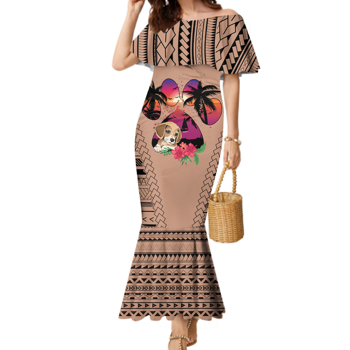 Polynesian Mermaid Dress Dog Lover With Beagle - Sunset At The Beach Brown Ver LT7 Women Brown - Polynesian Pride