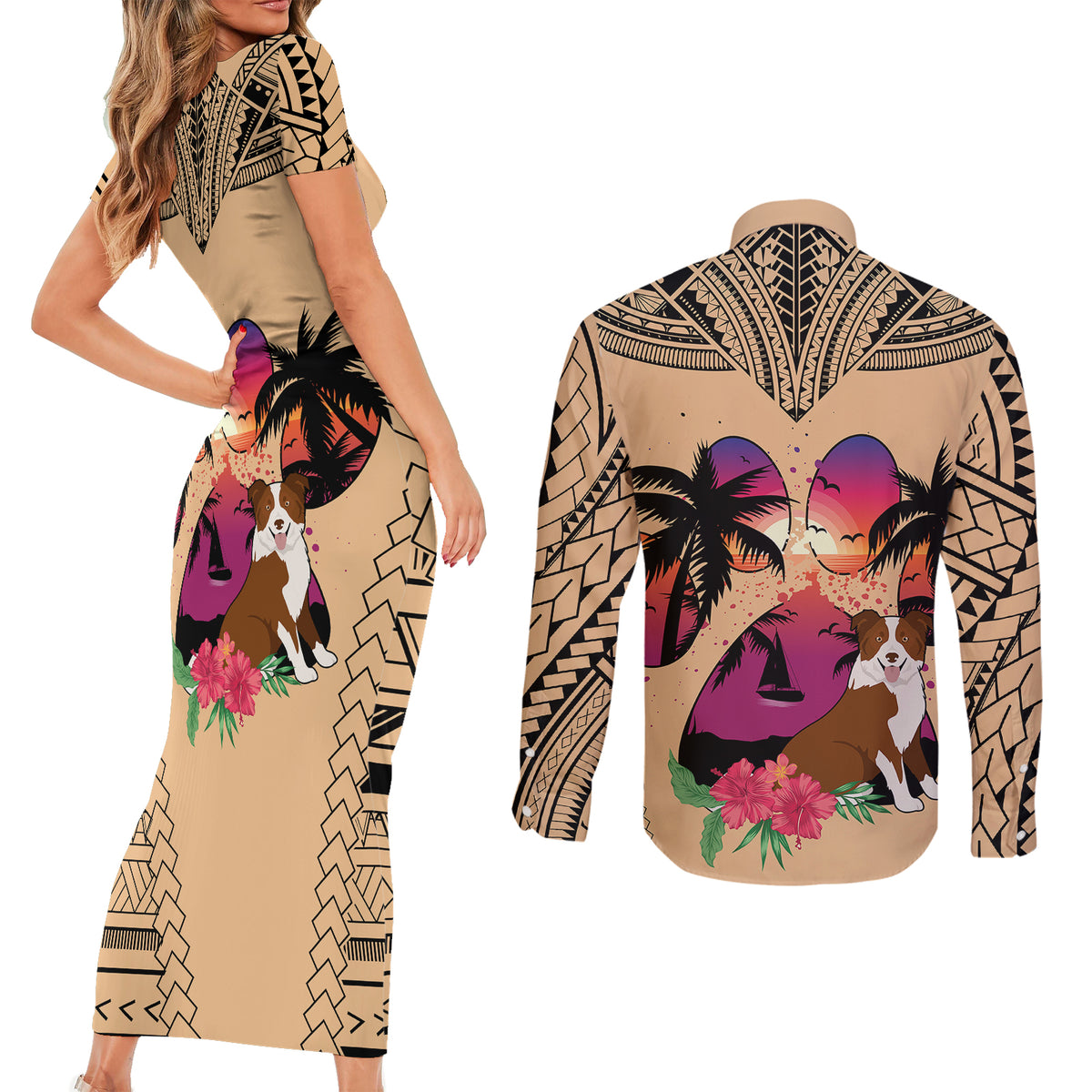 Polynesian Couples Matching Short Sleeve Bodycon Dress and Long Sleeve Button Shirts Dog Lover With Border Collie - Sunset At The Beach LT7 - Polynesian Pride