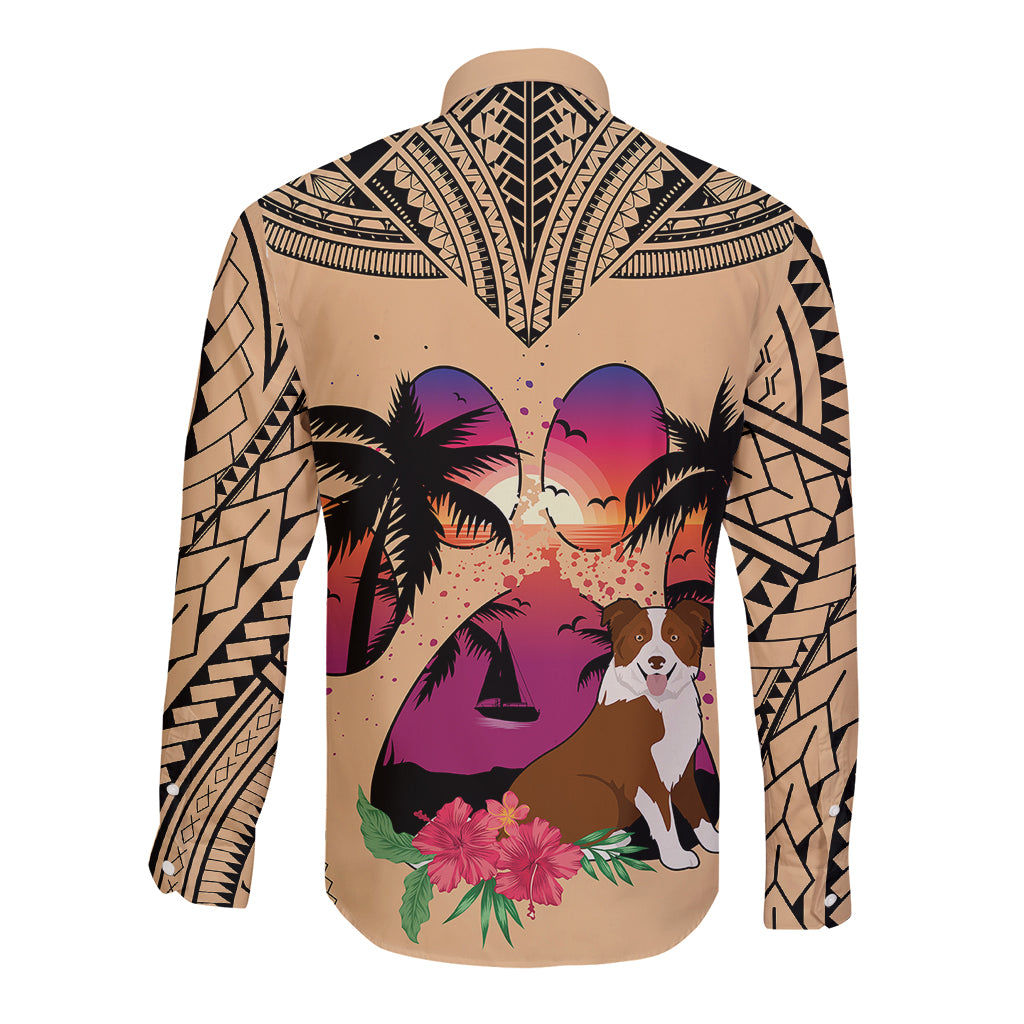 Polynesian Long Sleeve Button Shirt Dog Lover With Border Collie - Sunset At The Beach LT7 - Polynesian Pride