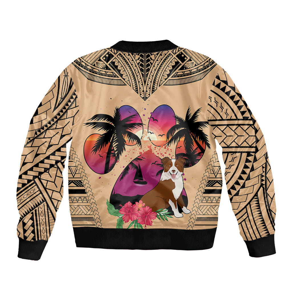 Polynesian Sleeve Zip Bomber Jacket Dog Lover With Border Collie - Sunset At The Beach LT7 - Polynesian Pride