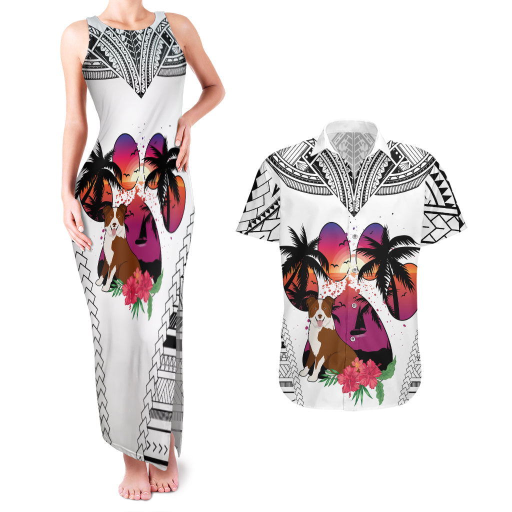 Polynesian Couples Matching Tank Maxi Dress and Hawaiian Shirt Dog Lover With Border Collie - Sunset At The Beach White Ver LT7 White - Polynesian Pride