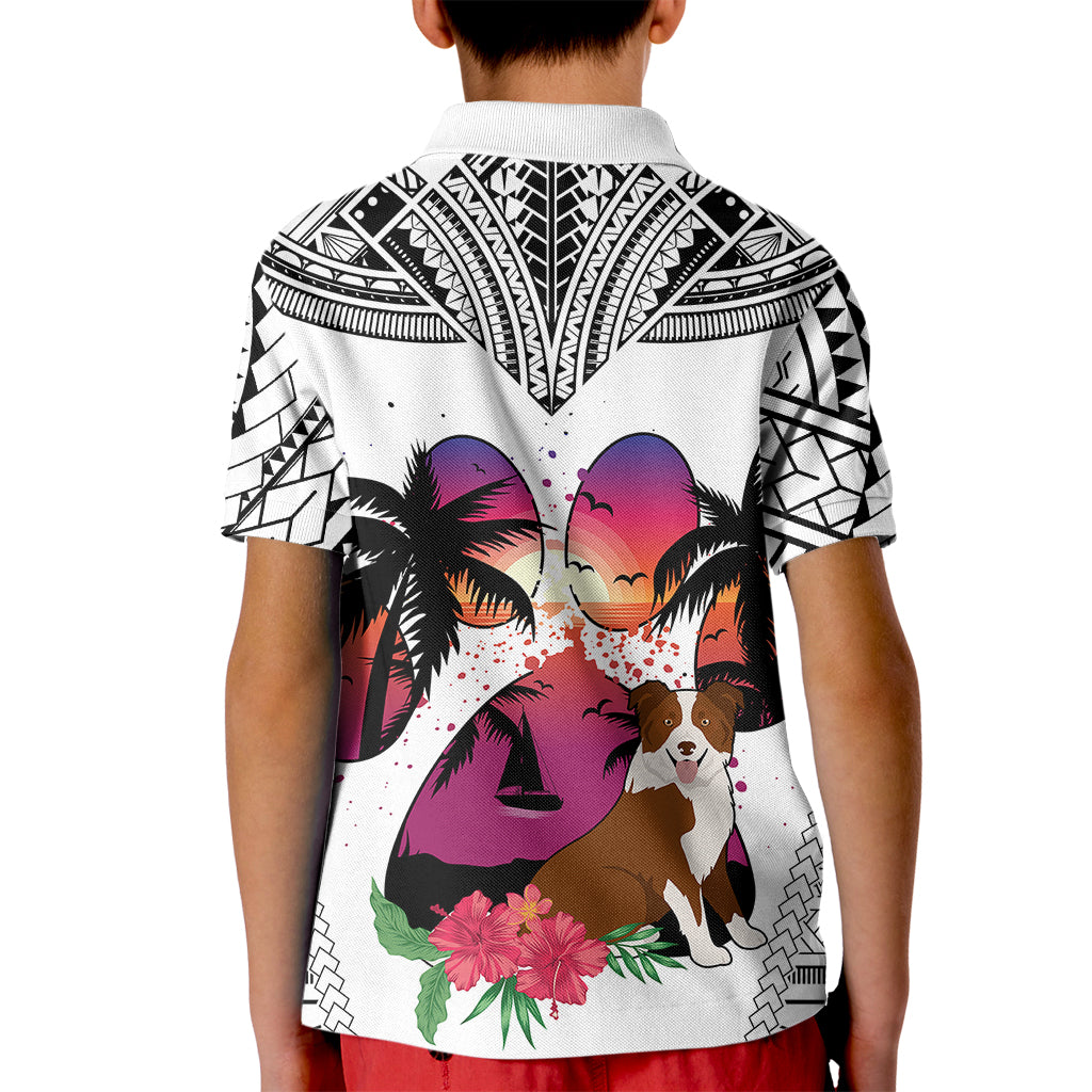 Polynesian Kid Polo Shirt Dog Lover With Border Collie - Sunset At The Beach White Ver LT7 - Polynesian Pride
