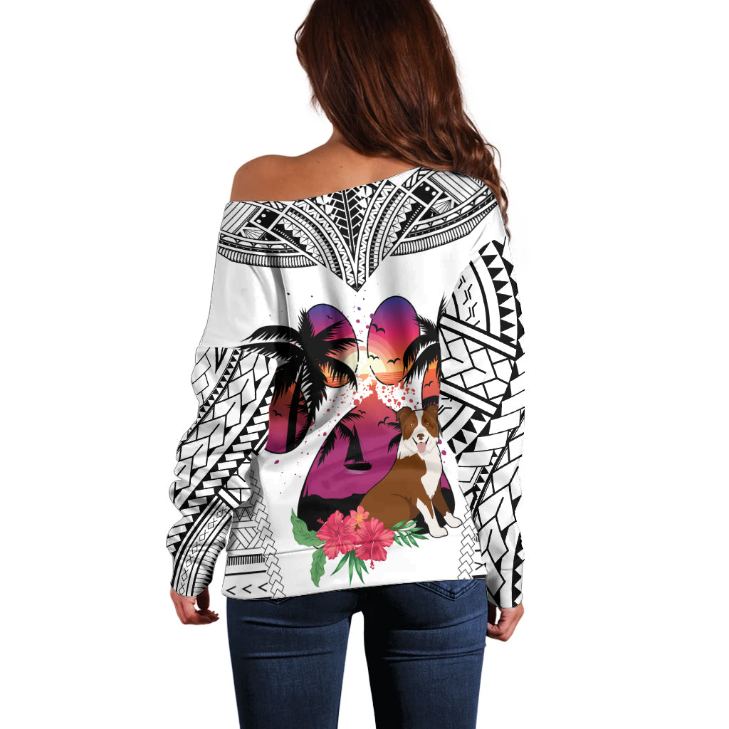 Polynesian Off Shoulder Sweater Dog Lover With Border Collie - Sunset At The Beach White Ver LT7 - Polynesian Pride