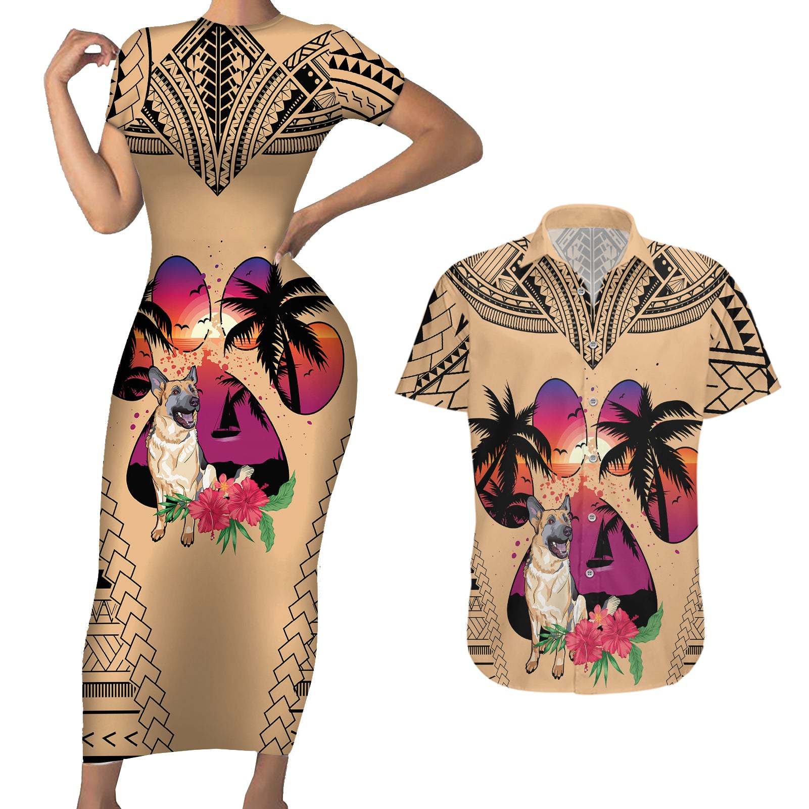 Polynesian Couples Matching Short Sleeve Bodycon Dress and Hawaiian Shirt Dog Lover With German Shepherd - Sunset At The Beach LT7 Coral - Polynesian Pride