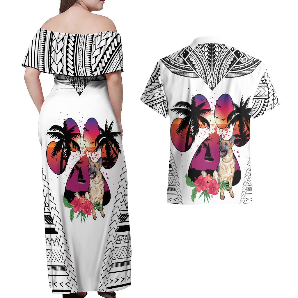 Polynesian Couples Matching Off Shoulder Maxi Dress and Hawaiian Shirt Dog Lover With German Shepherd - Sunset At The Beach White Ver LT7 - Polynesian Pride