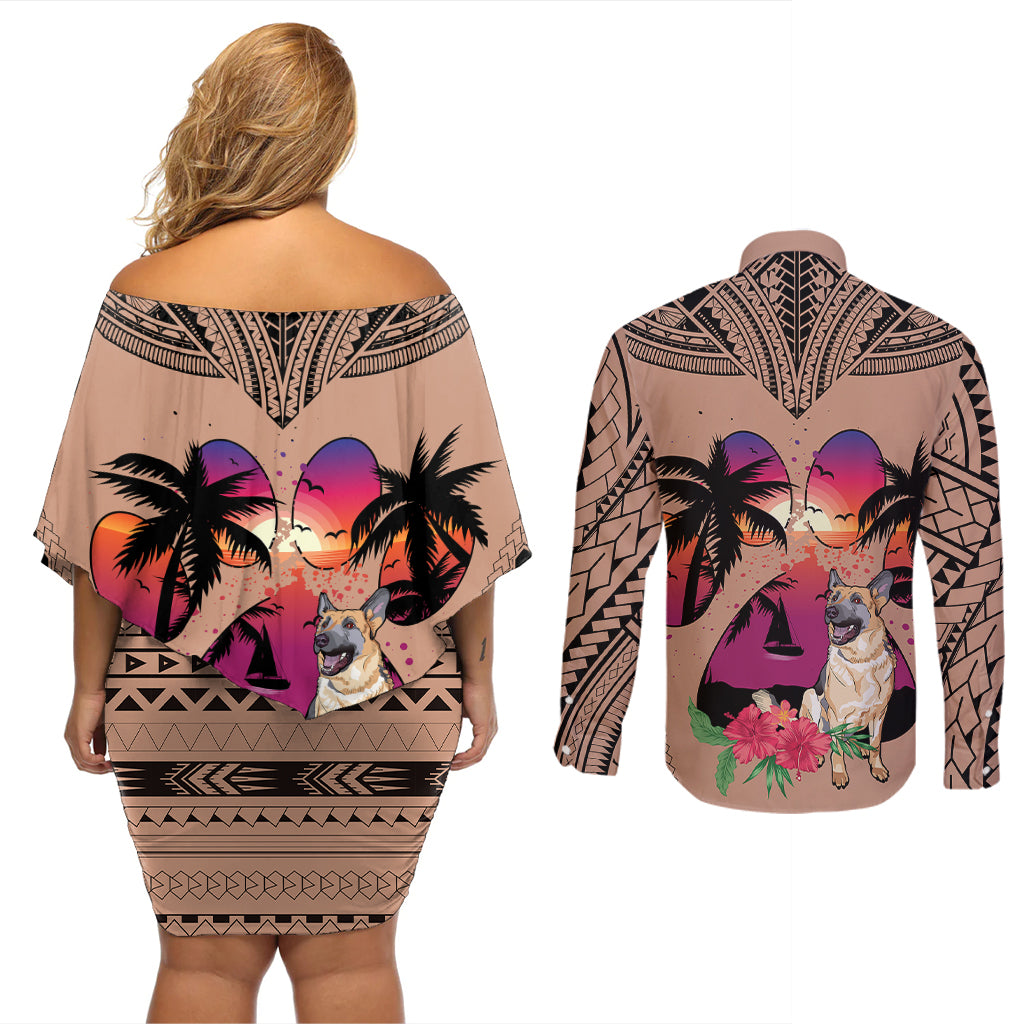 Polynesian Couples Matching Off Shoulder Short Dress and Long Sleeve Button Shirts Dog Lover With German Shepherd - Sunset At The Beach Brown Ver LT7 - Polynesian Pride