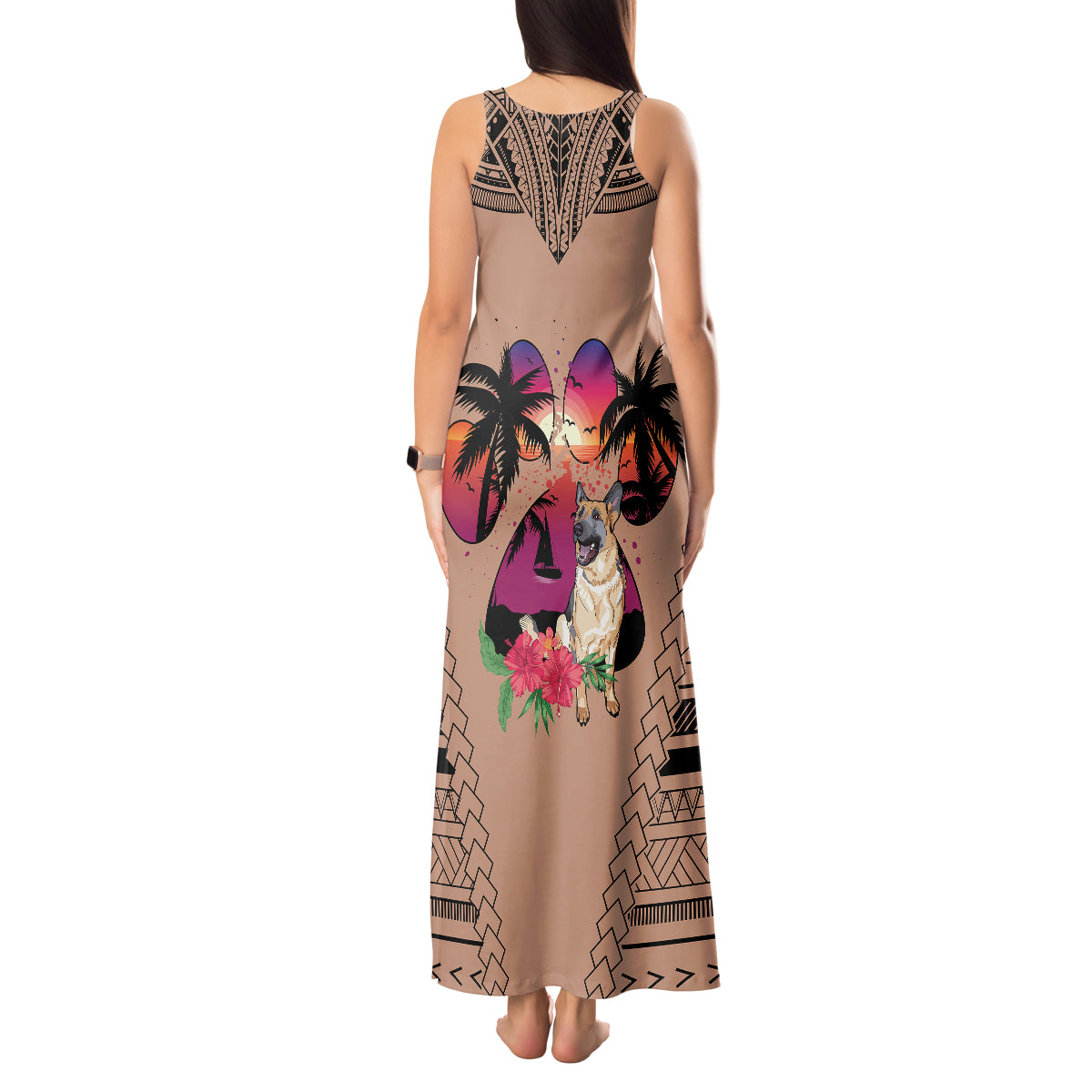 Polynesian Tank Maxi Dress Dog Lover With German Shepherd - Sunset At The Beach Brown Ver LT7 - Polynesian Pride